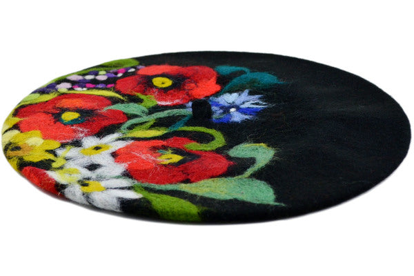 Handmade Needle Felted Wool Beret Hat 11" Poppies Theme UNIKAT