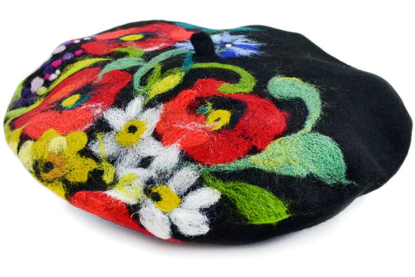 Handmade Needle Felted Wool Beret Hat 11" Poppies Theme UNIKAT