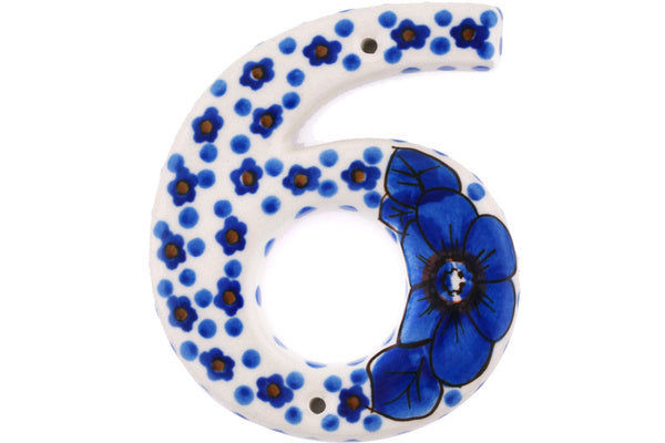 House Number Six (6) 4-inch Cobalt Poppies Theme UNIKAT